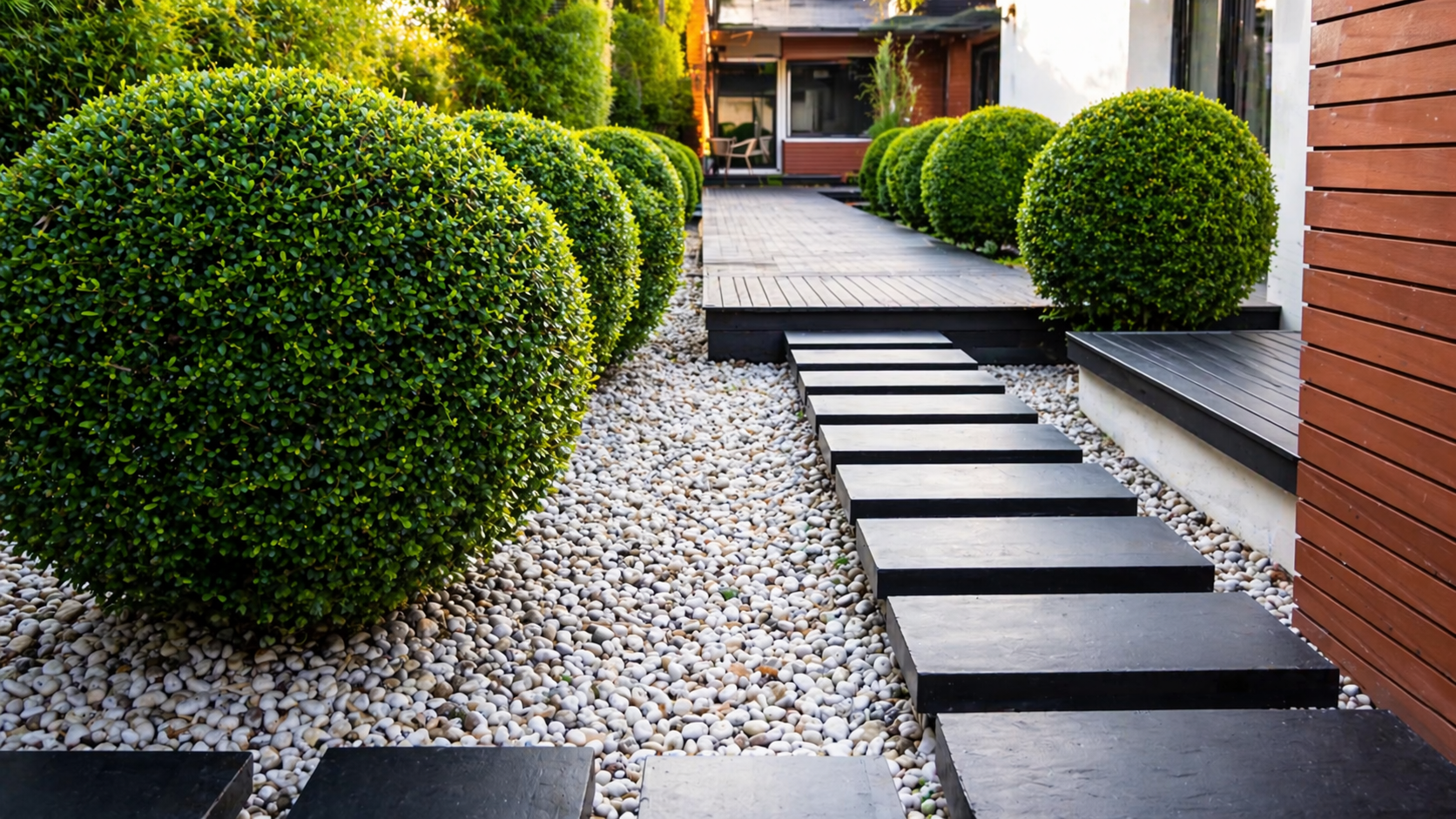 Sleek modern wooden terrace construction with precision joinery and architectural lighting in a luxury minimalist garden setting
